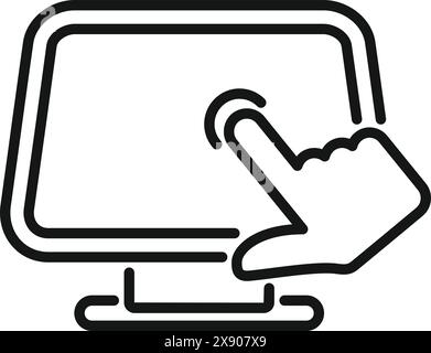 Line art icon of a hand interacting with a touchscreen monitor, symbolizing digital interaction Stock Vector