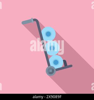 Flat design vector illustration of a hand truck with blue paper rolls on a pink background Stock Vector
