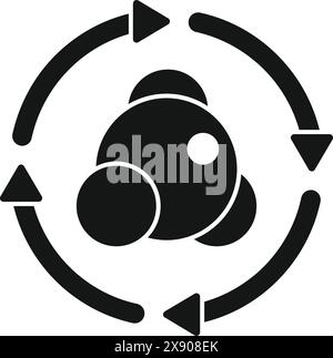 Minimalistic black and white icon representing an atomic structure surrounded by rotational arrows Stock Vector