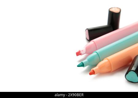Open highlighters isolated on white background. Top view Stock Photo