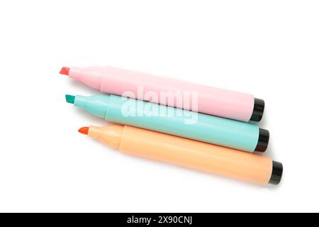 Open highlighters isolated on white background. Top view Stock Photo