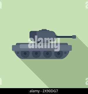 Flat design illustration of a cartoonstyle military tank with long shadow, set against a green backdrop Stock Vector
