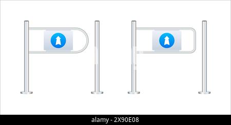 Shop entrance gate icon. Security turnstile gates with directional and no entry signs for controlled access. Stock Vector