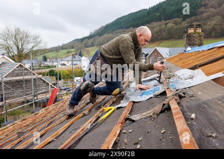 Removing old batons while replacing a house roof, Llanfoist, Wales, UK Stock Photo