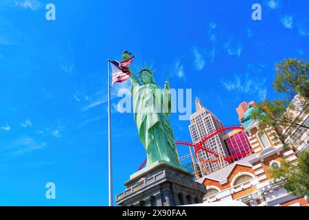 Las Vegas, Nevada - April 14, 2024: Upward view of the Statue of Liberty in front of the New York-New York Hotel and Casino Stock Photo