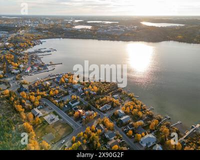Aerial view of Yellowknife Bay and Old Town in Autumn. Yellowknife, Great Slave Lake, Northwest Territories, Canada. Stock Photo
