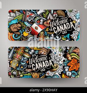 Cartoon vector doodle set of Canada corporate identity templates. Funny Canadian colorful and line art banners design Stock Vector