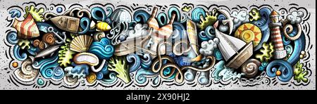 Cartoon cute hand drawn colorful vector doodle Marine horizontal banner design Stock Vector
