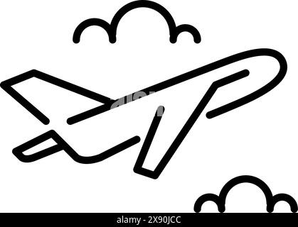 Commercial airplane climbing between clouds. Joy of flying and traveling. Editable stroke vector icon Stock Vector