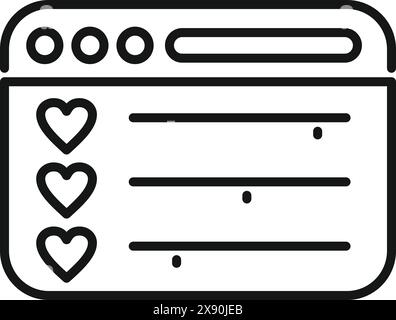 Outline icon of a web browser window featuring favorite bookmarks indicated with heart symbols Stock Vector