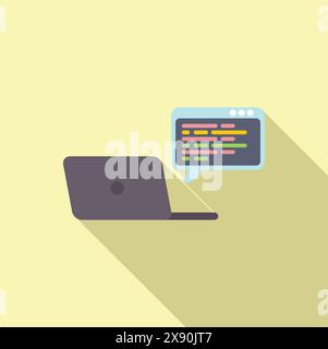 Vector illustration of a modern laptop displaying colorful coding script bubbles on a yellow background Stock Vector