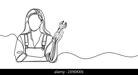 Continuous one line drawing of a young woman holding an adjustable wrench in her hand. Stock Vector