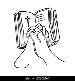 Continuous one-line drawing of an open Bible and two hands clasped together in a prayer position Stock Vector
