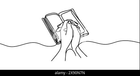 Continuous one-line drawing of an open Bible and two hands clasped together in a prayer position Stock Vector
