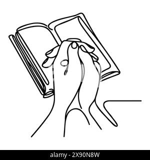 Continuous one-line drawing of an open Bible and two hands clasped together in a prayer position Stock Vector