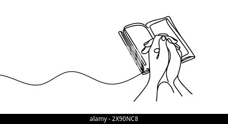 Continuous one-line drawing of an open Bible and two hands clasped together in a prayer position Stock Vector