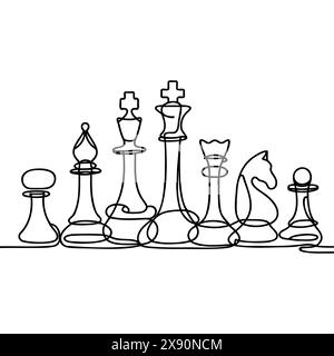 One line drawing of chess pieces. Continuous line drawing graphic vector illustration. Stock Vector