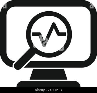 Icon representing data analysis with magnifying glass focusing on a graph on a computer screen Stock Vector