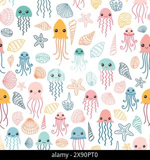 Pattern with cute jellyfish and shells Stock Vector