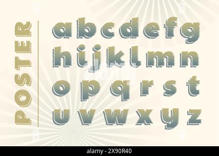 Print 3D vintage halftone alphabet poster. Collage style stencil letters with shadow and polka dot decor. Letters, Numbers, punctuation marks. Retro Stock Vector