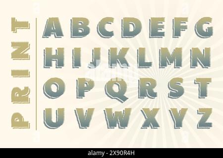 Print 3D vintage halftone alphabet poster. Collage style stencil letters with shadow and polka dot decor. Letters, Numbers, punctuation marks. Retro Stock Vector