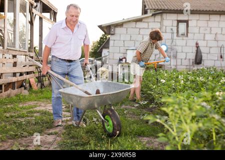 Old man carries gardening tools in a wheelbarrow Stock Photo