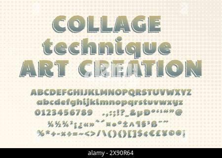 Print 3D vintage halftone alphabet poster. Collage style stencil letters with shadow and polka dot decor. Letters, Numbers, punctuation marks. Retro Stock Vector