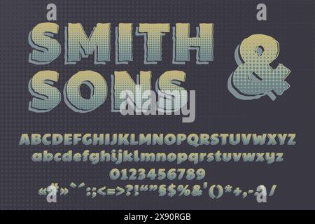 Print 3D vintage halftone black alphabet poster Collage style stencil letters with shadow and polka dot decor Letters, Numbers, punctuation marks Stock Vector