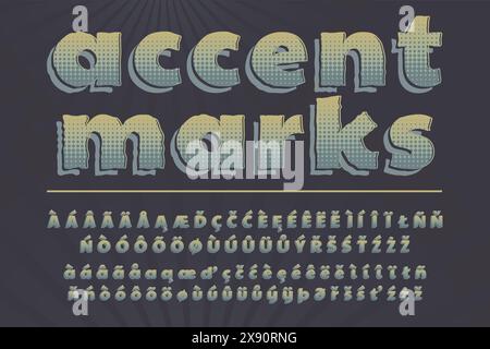 Print 3D vintage halftone black alphabet poster Collage style stencil letters with shadow and polka dot decor Letters, Numbers, punctuation marks Stock Vector