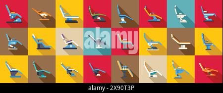 Dental chair icons flat set vector. A row of chairs with different designs and colors. The chairs are arranged in a grid pattern. The chairs vary in size and shape, with some being more upright and others more reclined Stock Vector