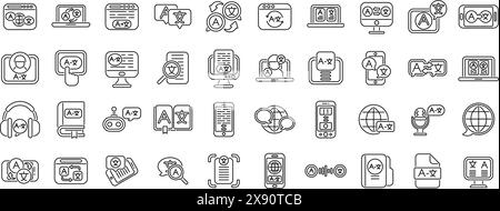 Translator app icons set vector. A collection of icons for various devices and applications. The icons include a laptop, a cell phone, a tablet, a keyboard, a mouse, a computer monitor, a keyboard, a mouse, a computer mouse Stock Vector