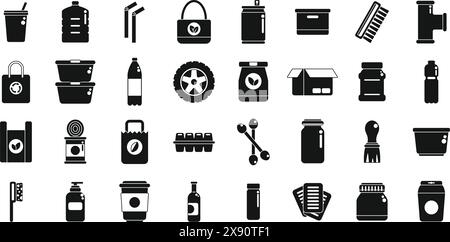 Products that can be reused icons set vector. A collection of black and white icons for various items such as a bottle, a can, a cup, a box, a bag, a spoon, a jar, a bottle opener, a can opener, a knife, a fork, a spoon, Stock Vector