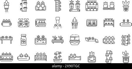 Hydroponics icons set vector. A collection of plant-related icons, including a watering can, a potted plant, and a greenhouse Stock Vector