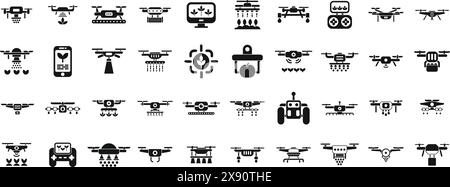 Drones in agriculture icons set vector. A collection of various types of drones and other flying machines. Some of the drones are small and others are large Stock Vector
