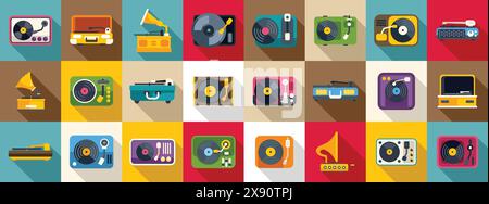 Vinyl player icons set vector. A collection of vintage electronic devices, including record players, radios, and televisions. Concept of nostalgia and a longing for simpler times Stock Vector