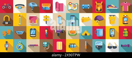 Bike trip icons set vector. A colorful image of various items related to outdoor activities such as camping, biking, and hiking. The image is a collection of different shapes and sizes, with some items overlapping each other Stock Vector