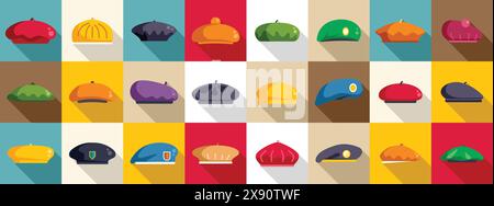 Beret icons set vector. A collection of hats in various colors and styles. The hats are arranged in a grid pattern, with some overlapping each other. Scene is playful and whimsical, as the hats are presented in a fun Stock Vector