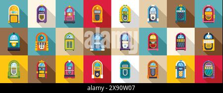 Jukebox icons set vector. A row of colorful jukeboxes with a variety of designs and colors. The jukeboxes are arranged in a grid pattern, with some of them being larger than others. Scene is lively and fun Stock Vector