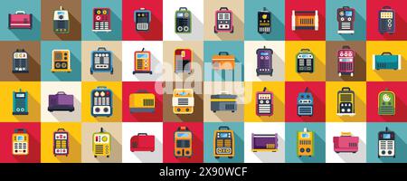 Welding machine icons set vector. A collection of various types of luggage, including backpacks, suitcases, and handbags. The image is a colorful and vibrant display of different shapes and sizes Stock Vector