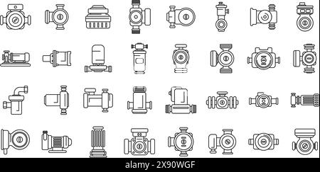 Water circulation pump icons set vector. A collection of various types of pumps and valves. The image is a collection of different types of pumps and valves, all of which are drawn in a simple, stylized manner. Scene is one of organization Stock Vector