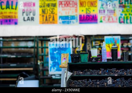 Wooden blocks for securing movable types, called furniture, are seen stored on the shelf at a printing workshop in Cali, Colombia, on March 5, 2024. Stock Photo
