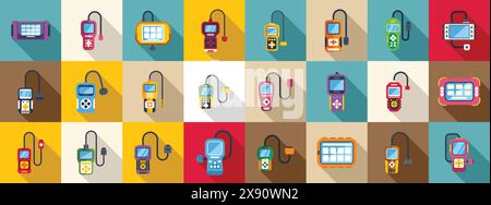 Car diagnostic scanner icons set vector. A collection of electronic devices, including a cell phone, a tablet, and a laptop. The devices are all different colors and sizes, and they are arranged in a grid pattern Stock Vector