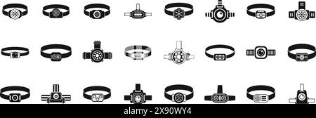 Headlamp icons set vector. A collection of wristbands with various designs and colors. Some of the wristbands have a watch on them, while others have a camera or a light. The wristbands are all black and white Stock Vector
