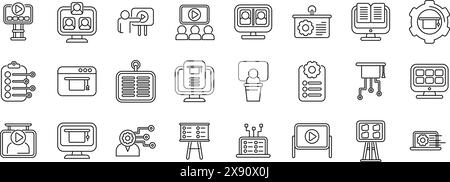 Classroom management software icons set vector. A set of icons for a computer screen. The icons include a computer monitor, keyboard, mouse, and a projector Stock Vector