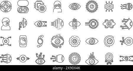 Eye implants icons set vector. A collection of icons for technology and science. Some of the icons include a person with glasses, a watch, a camera, and a robot. The icons are all in black and white and are arranged in a grid Stock Vector