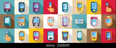 Pulse oximeter icons set vector. A collection of various electronic devices, including a cell phone, a smart watch, and a fitness tracker, are displayed in a grid pattern. The devices are all different colors and sizes Stock Vector