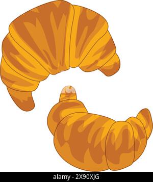 Two golden brown croissants in a flat vector style, perfect for bakery themes Stock Vector