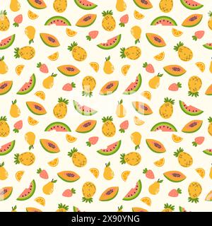 Handdrawn seamless pattern with summer fruits. Vector pineapple, pear, watermelon, papaya and strawberry. Stock Vector