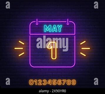 Neon Calendar Sign 1 May on brick wall background. Template with neon yellow numbers. Stock Vector