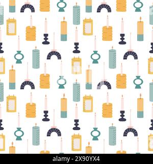 Handdrawn seamless patten with different candles. Cozy vector design. Stock Vector